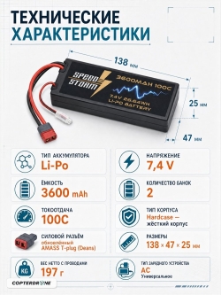 Аккумулятор Speed Storm Li-Po 7.4V 100C 3600 mAh Hard Case разъем T-plug (Deans) - SS-2S3600-100-D
