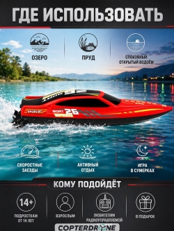 Радиоуправляемый катер HJ Toys NeptuBlade (25 км/ч, 32 см, 30 мин, 7 видов подсветки) - HJ826B-RED