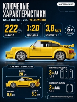 Радиоуправляемый конструктор CADA спортивный автомобиль RUF CTR 2017 Yellowbird 1/20 (222 детали) - C51079W