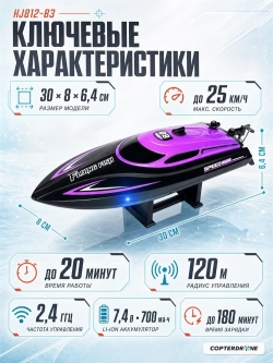 Радиоуправляемый катер HJ Toys (30 см, 25 км/ч, акб 700 mAh) - HJ812-B3