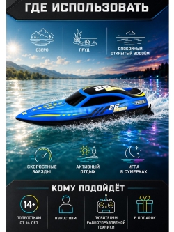 Радиоуправляемый катер HJ Toys NeptuBlade (25 км/ч, 32 см, 30 мин, 7 видов подсветки) - HJ826B-BLUE