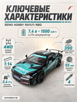 Радиоуправляемая машина для дрифта Remo Hobby RACING & DRIFT (черно-зеленая) 4WD 2.4G 1/14 RTR - RH1411-NBG
