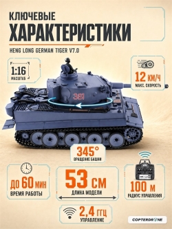 Радиоуправляемый танк Heng Long German Tiger масштаб 1:16 2.4Ghz - 3818-1 V7.0