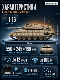Радиоуправляемый танк Heng Long Merkava MK4 V7.0 масштаб 1:16 2.4G - 3958-1-V7