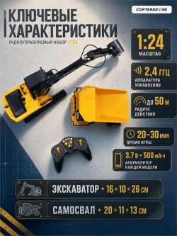 Радиоуправляемый набор экскаватор и самосвал Huina (свет, звук, акб, 1:24) - HN1559-YELLOW