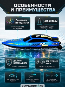 Радиоуправляемый катер HJ Toys NeptuBlade (25 км/ч, 32 см, 30 мин, 7 видов подсветки) - HJ826B-BLUE