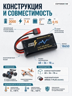 Аккумулятор Speed Storm Li-ion 18650 7.4V 3000 mAh разъем T-plug (Deans) - SS-2S3000-D
