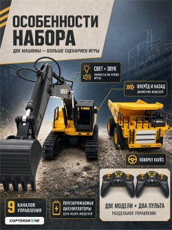 Радиоуправляемый набор экскаватор и самосвал Huina (свет, звук, акб, 1:24) - HN1559-YELLOW
