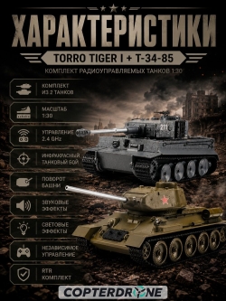 Радиоуправляемый танковый бой Torro Tiger I и T-34/85 1:30 - 15101-CA