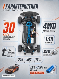 Радиоуправляемая машина для дрифта HSP GT (колеса шоссейные+дрифт 1:10 4WD) - 94103-STI04